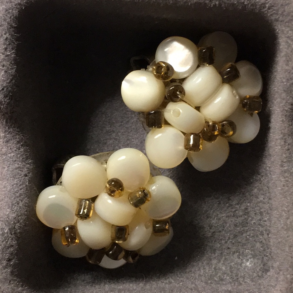 Vintage White beads and tan beads button clip on.